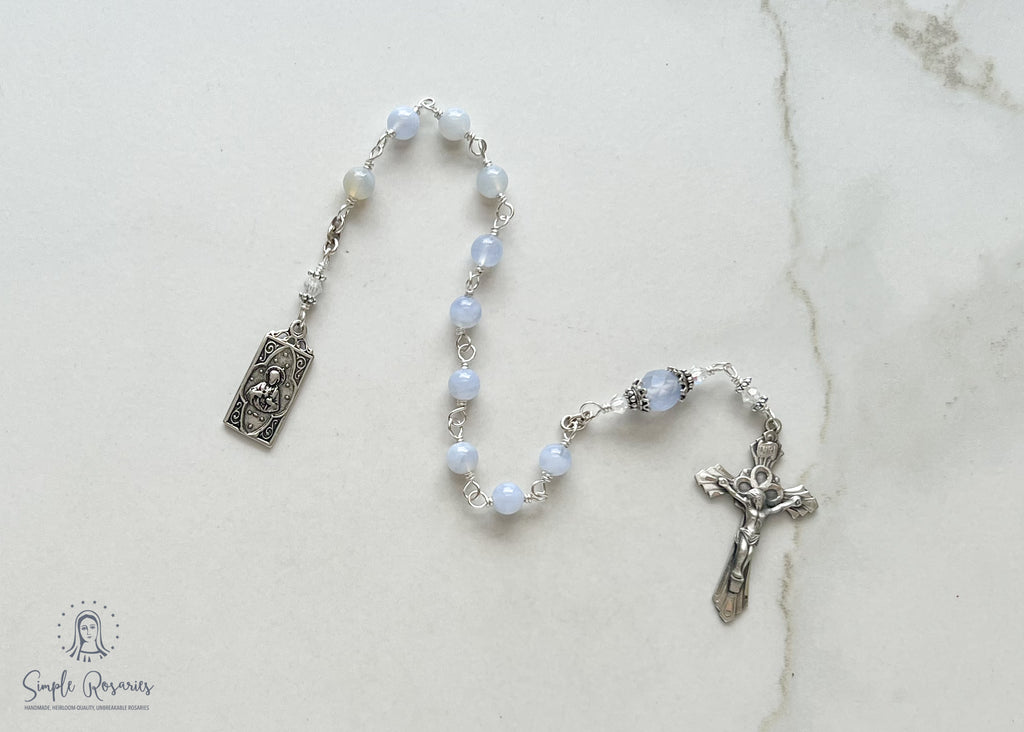 handmade, heirloom-quality, unbreakable chaplet with chalcedony and sterling silver components, Swarovski Crystal accents, scapular medal 