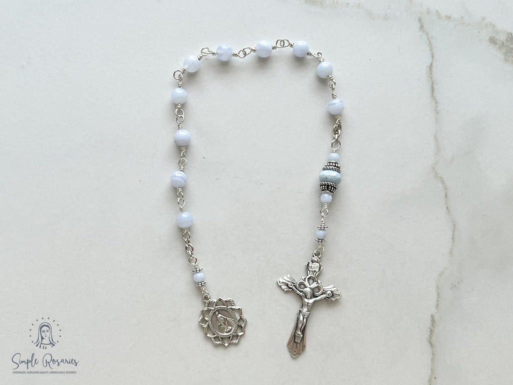 handmade, heirloom quality, unbreakable chaplet, blue lace agate and solid sterling silver, miraculous medal