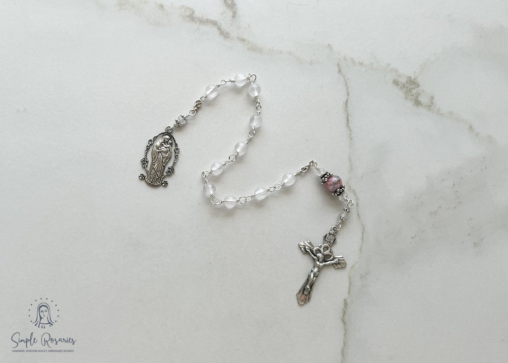 handmade heirloom quality unbreakable chaplet, rose quartz and solid sterling silver construction, miraculous medal and crystal lampwork bead 