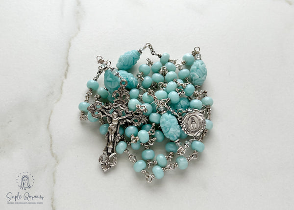 handmade, heirloom-quality, unbreakable aqua jade rosary, hand carved beads