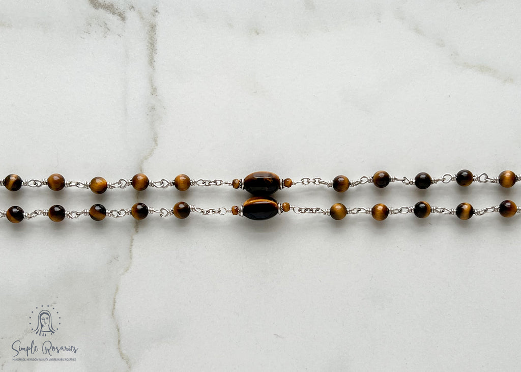 handmade, heirloom-quality, unbreakable tiger eye rosary, solid sterling silver construction, high-quality gemstones 