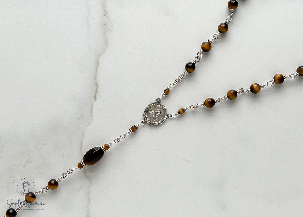 handmade, heirloom-quality, unbreakable tiger eye rosary, solid sterling silver construction, high-quality gemstones 