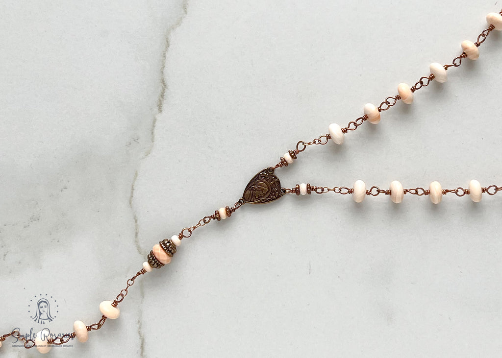 handmade, heirloom-quality, unbreakable corniola shell rosary, solid bronze construction, high-quality gemstones 