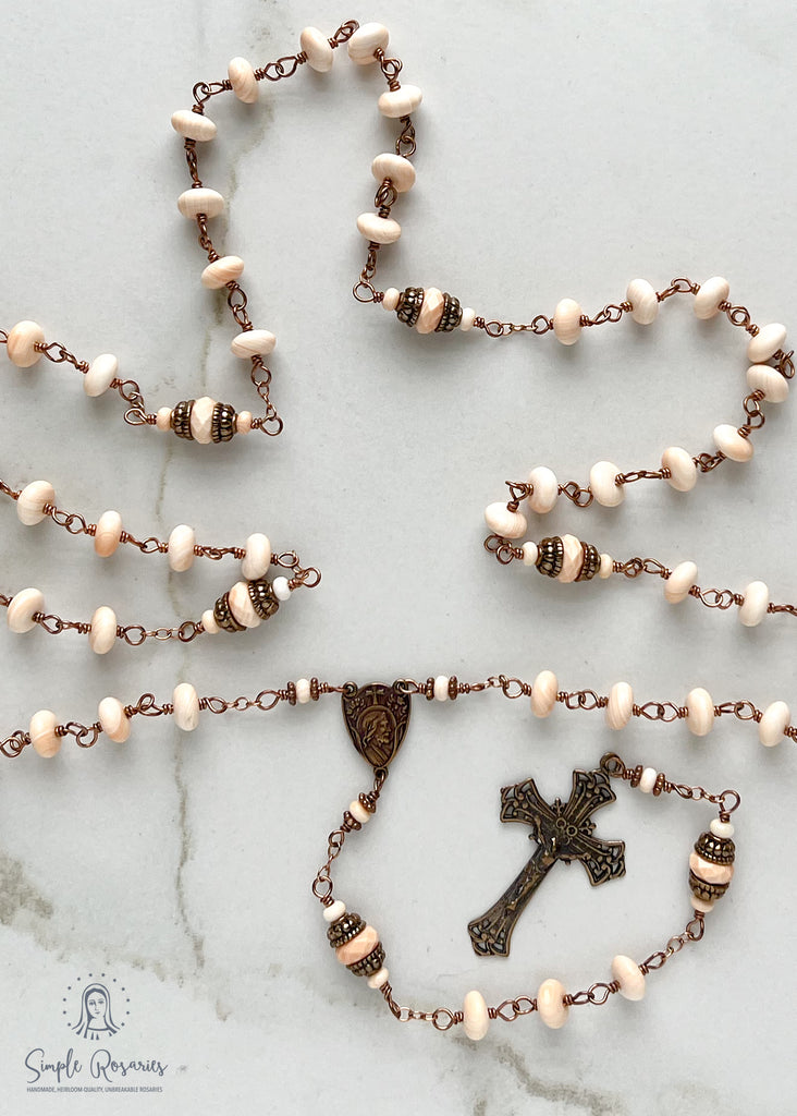 handmade, heirloom-quality, unbreakable corniola shell rosary, solid bronze construction, high-quality gemstones 