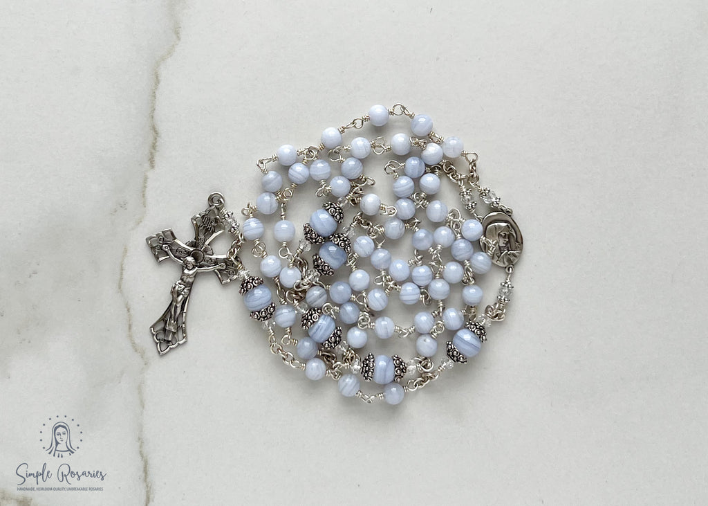 handmade, heirloom-quality, unbreakable, high end gemstone blue lace agate rosary solid sterling silver construction