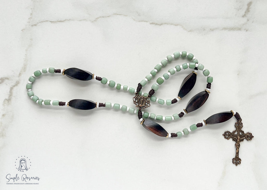 handmade, heirloom quality, unbreakable rosaries, cord and solid bronze, green glass beads, seed beads