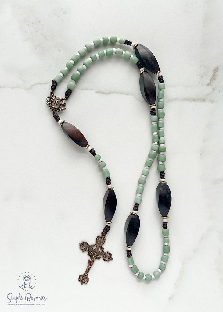 handmade, heirloom quality, unbreakable rosaries, cord and solid bronze, green glass beads, seed beads