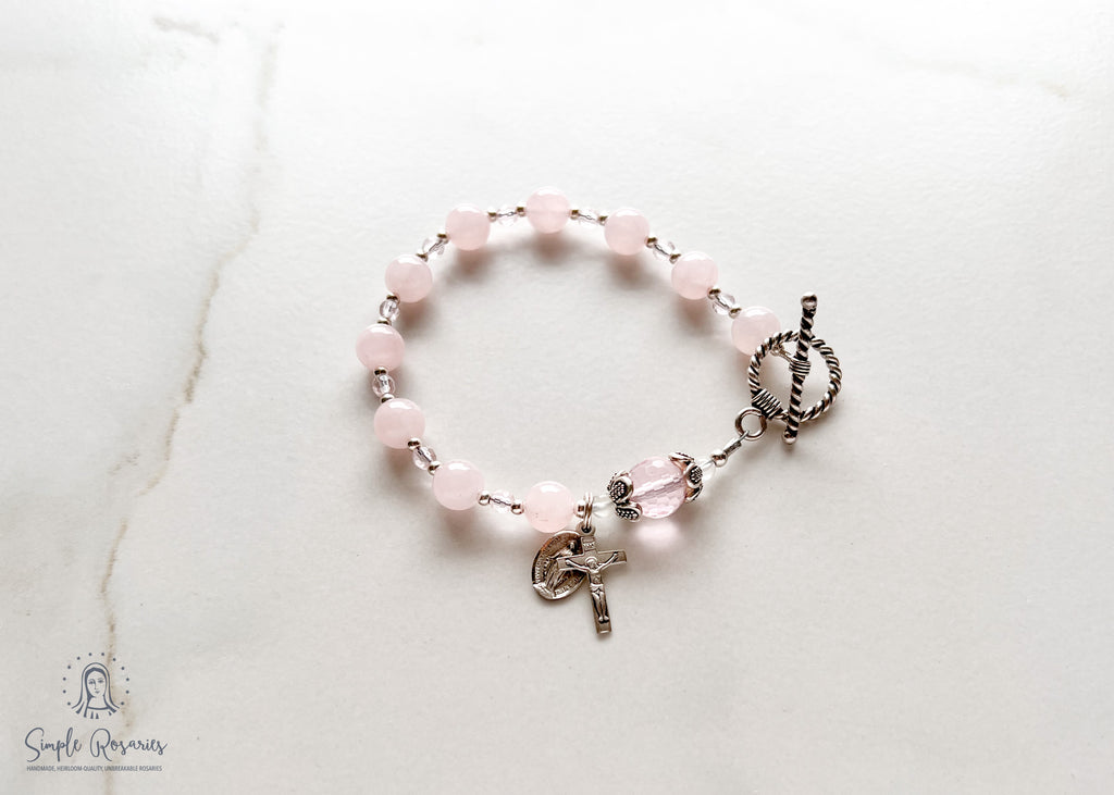 handmade, rose quartz rosary bracelet, solid sterling silver components 