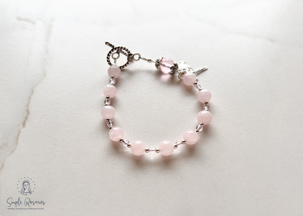 handmade, rose quartz rosary bracelet, solid sterling silver components 