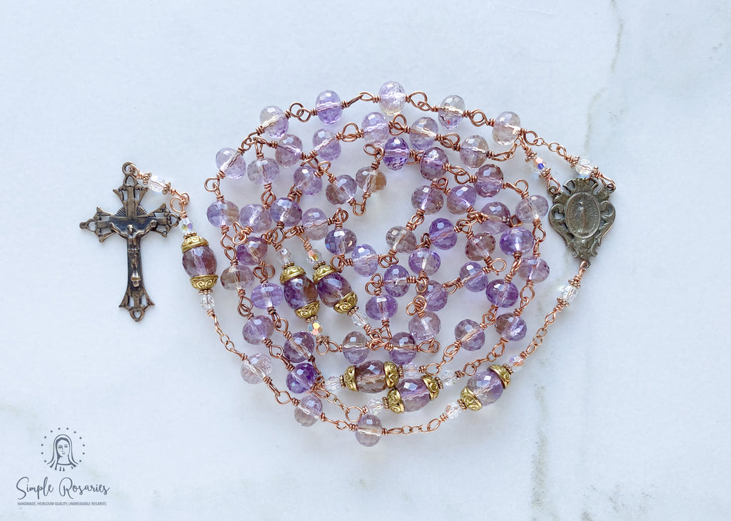 handmade, heirloom-quality, unbreakable ametrine rosary, solid bronze construction, high-quality gemstones 