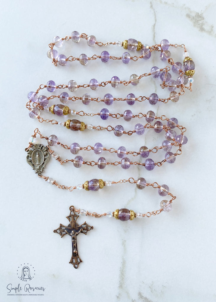 handmade, heirloom-quality, unbreakable ametrine rosary, solid bronze construction, high-quality gemstones 
