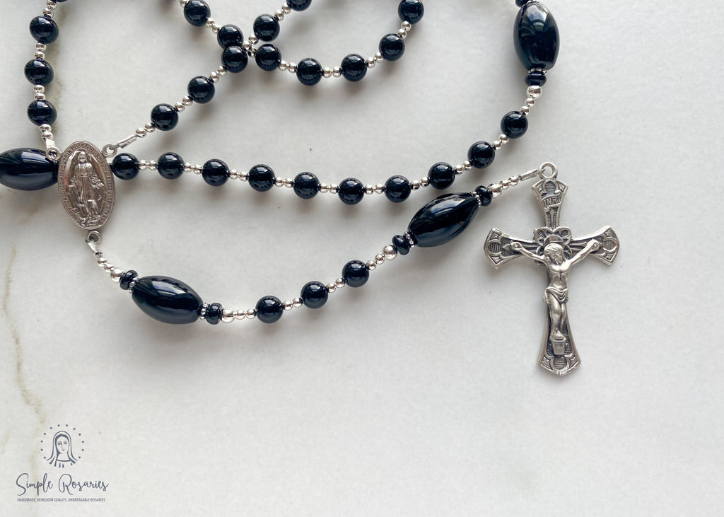soft flex, sterling silver, onyx rosary, solid sterling silver components, high quality gemstones, handmade, heirloom-quality, miraculous medal, crucifix