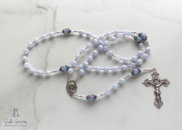 soft flex, sterling silver, blue lace agate rosary, solid sterling silver components, high quality gemstones, handmade, heirloom-quality, miraculous medal, crucifix