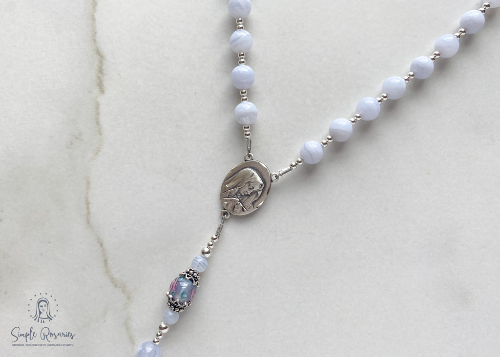 soft flex, sterling silver, blue lace agate rosary, solid sterling silver components, high quality gemstones, handmade, heirloom-quality, miraculous medal, crucifix