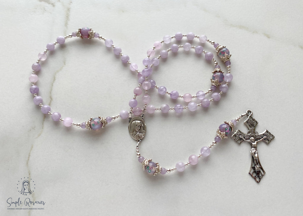 soft flex, sterling silver, cape amethyst rosary, solid sterling silver components, high quality gemstones, handmade, heirloom-quality, miraculous medal, crucifix
