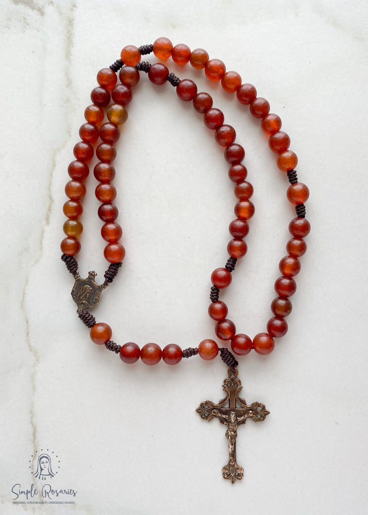 handmade heirloom quality cord rosary solid bronze and and carnelian construction