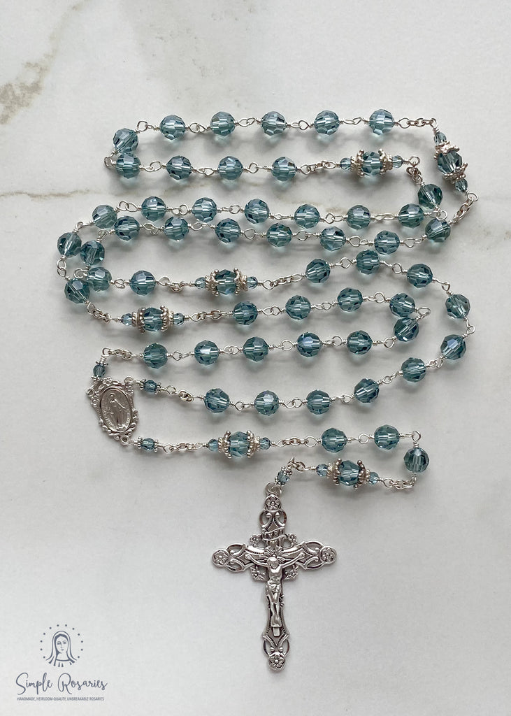handmade, heirloom-quality, unbreakable rosaries, Indian sapphire Swarovski Crystal, solid sterling construction 